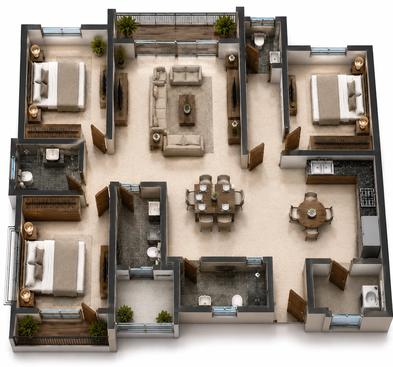 Three bedroom 3D apartment plan